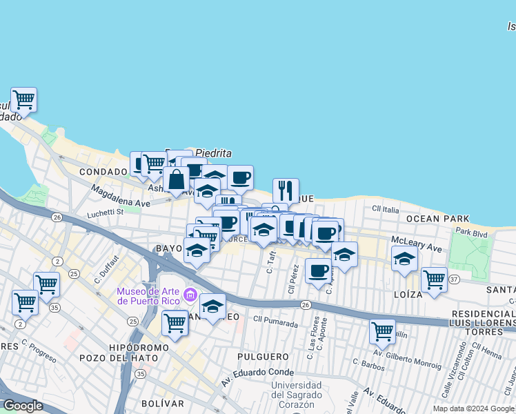 map of restaurants, bars, coffee shops, grocery stores, and more near in San Juan