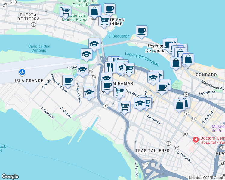 map of restaurants, bars, coffee shops, grocery stores, and more near 618 Avenida Miramar in San Juan