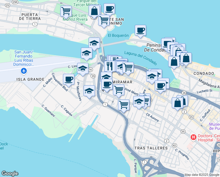 map of restaurants, bars, coffee shops, grocery stores, and more near 618 Avenida Miramar in San Juan