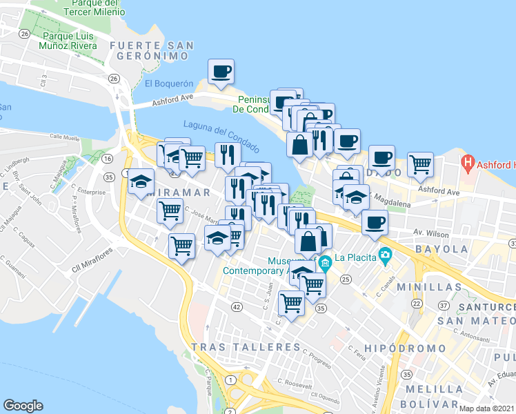 map of restaurants, bars, coffee shops, grocery stores, and more near Calle Elisa Colberg in San Juan
