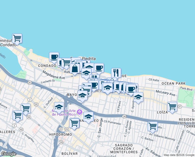 map of restaurants, bars, coffee shops, grocery stores, and more near in San Juan