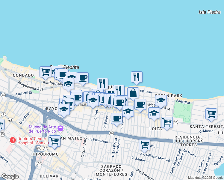 map of restaurants, bars, coffee shops, grocery stores, and more near in San Juan