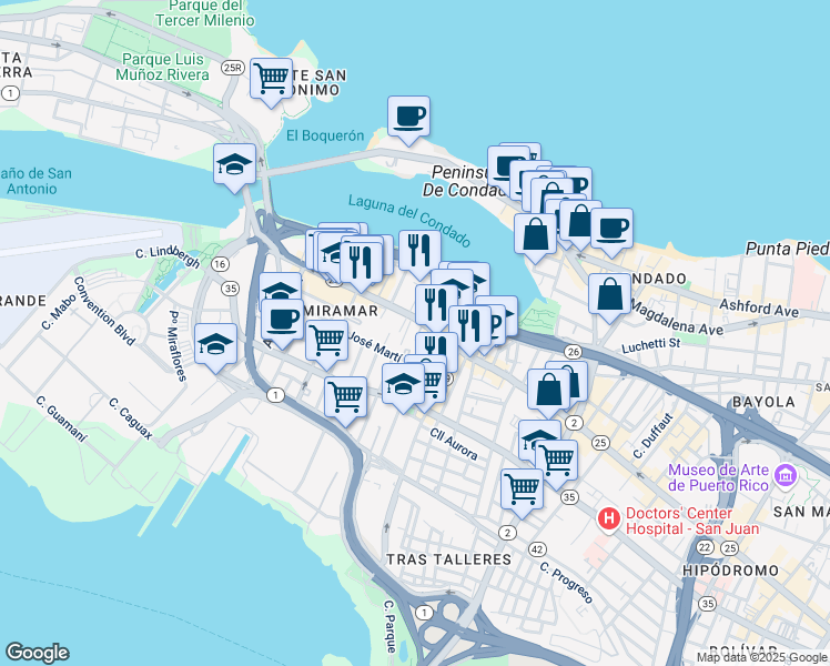 map of restaurants, bars, coffee shops, grocery stores, and more near 605 Calle Aboy in San Juan