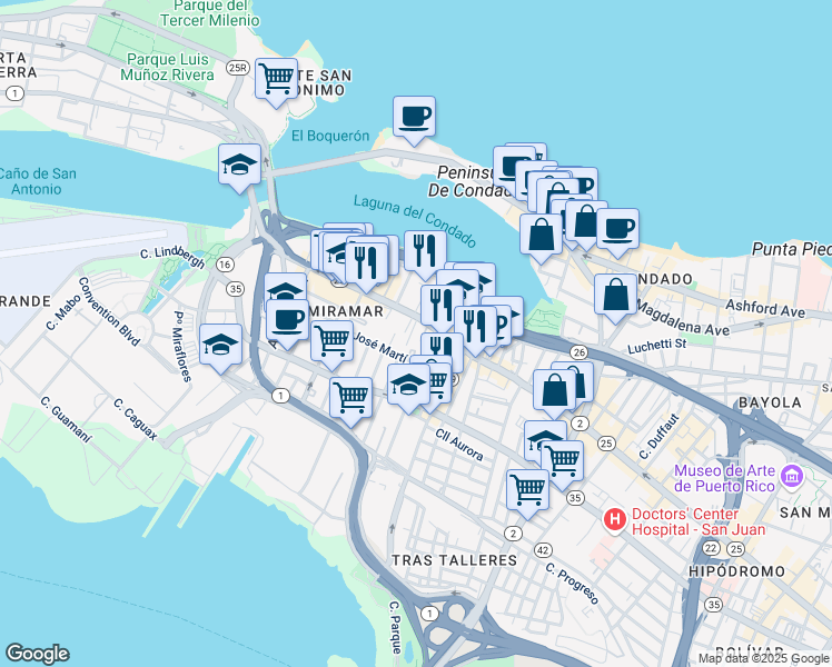 map of restaurants, bars, coffee shops, grocery stores, and more near 605 Calle Aboy in San Juan
