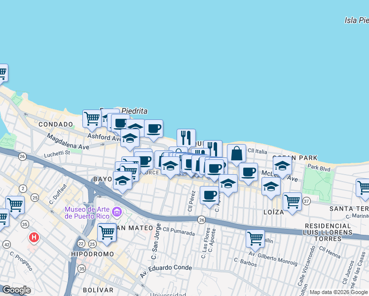 map of restaurants, bars, coffee shops, grocery stores, and more near in San Juan