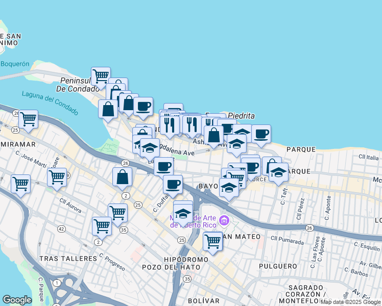 map of restaurants, bars, coffee shops, grocery stores, and more near 55 Calle Cervantes in San Juan