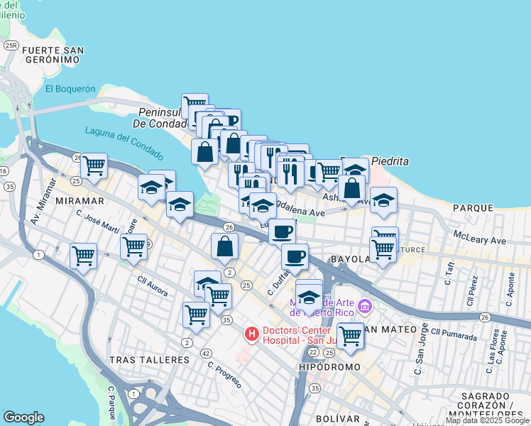 map of restaurants, bars, coffee shops, grocery stores, and more near 62 Calle Santiago Iglesias in San Juan