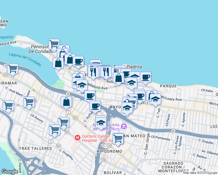 map of restaurants, bars, coffee shops, grocery stores, and more near 55 Calle Cervantes in San Juan