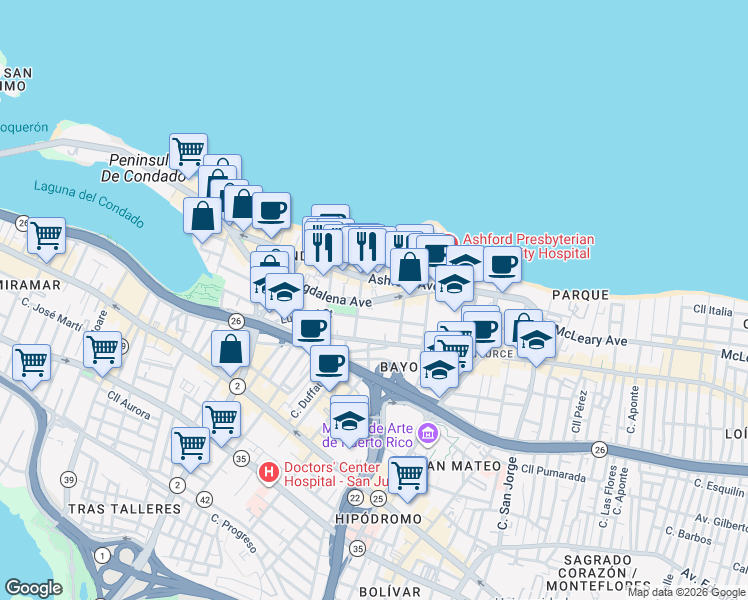 map of restaurants, bars, coffee shops, grocery stores, and more near 55 Calle Cervantes in San Juan