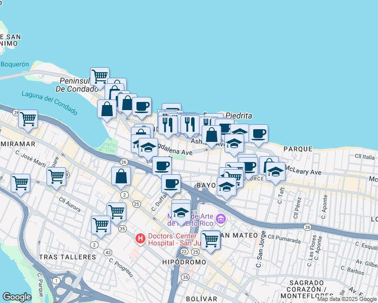 map of restaurants, bars, coffee shops, grocery stores, and more near 55 Calle Cervantes in San Juan