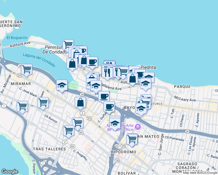 map of restaurants, bars, coffee shops, grocery stores, and more near in San Juan