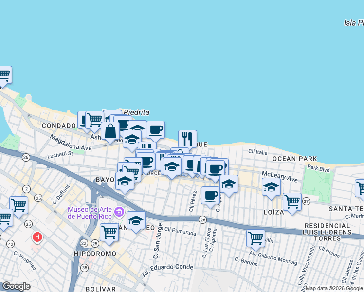 map of restaurants, bars, coffee shops, grocery stores, and more near in San Juan