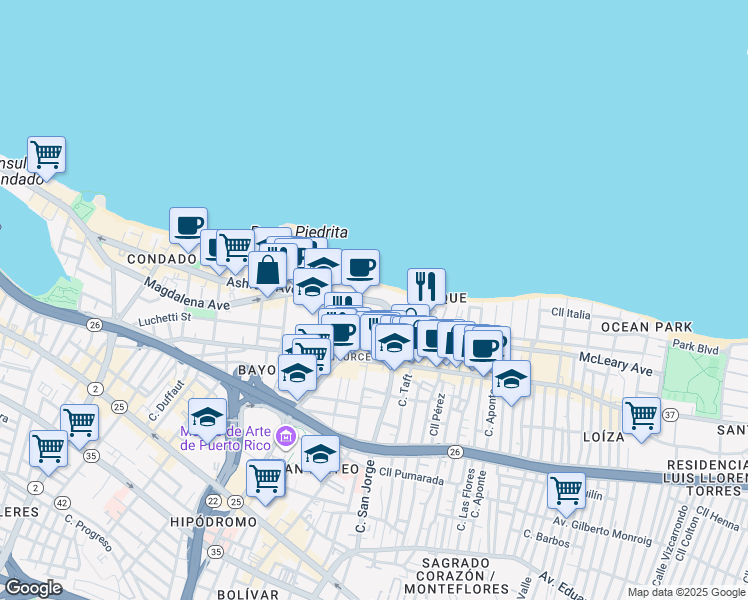 map of restaurants, bars, coffee shops, grocery stores, and more near in San Juan