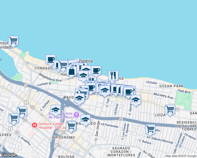 map of restaurants, bars, coffee shops, grocery stores, and more near in San Juan