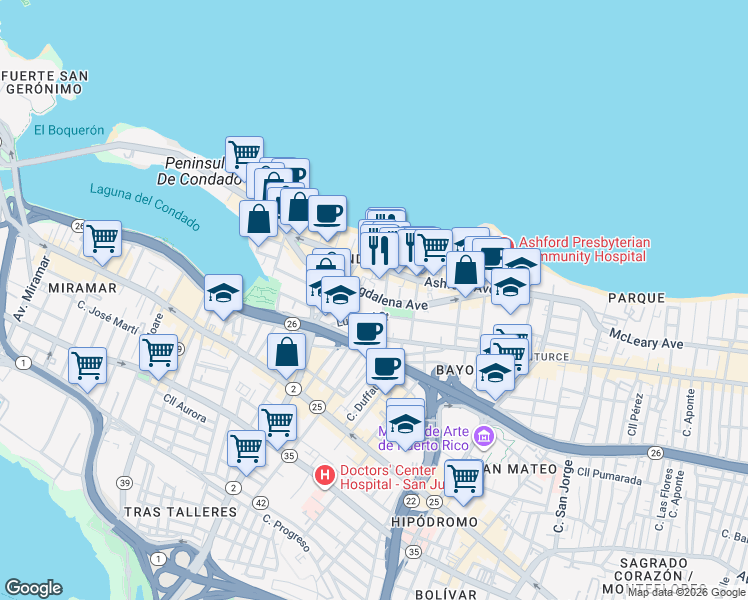map of restaurants, bars, coffee shops, grocery stores, and more near in San Juan