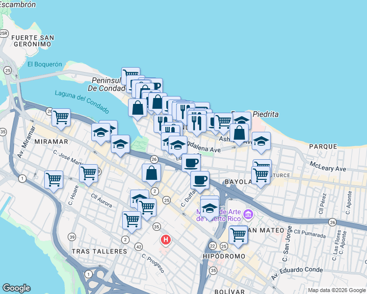map of restaurants, bars, coffee shops, grocery stores, and more near 62 Calle Santiago Iglesias in San Juan