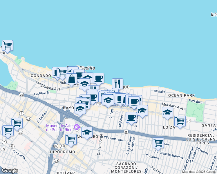 map of restaurants, bars, coffee shops, grocery stores, and more near in San Juan