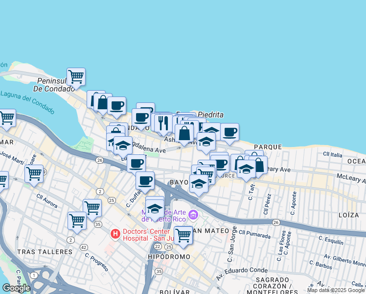 map of restaurants, bars, coffee shops, grocery stores, and more near 1351-1367 Avenida Magdalena in San Juan