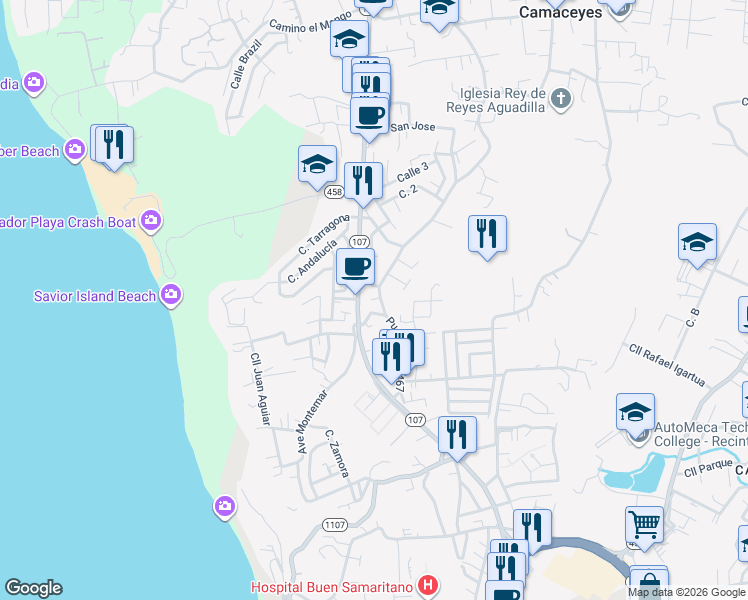 map of restaurants, bars, coffee shops, grocery stores, and more near in Aguadilla