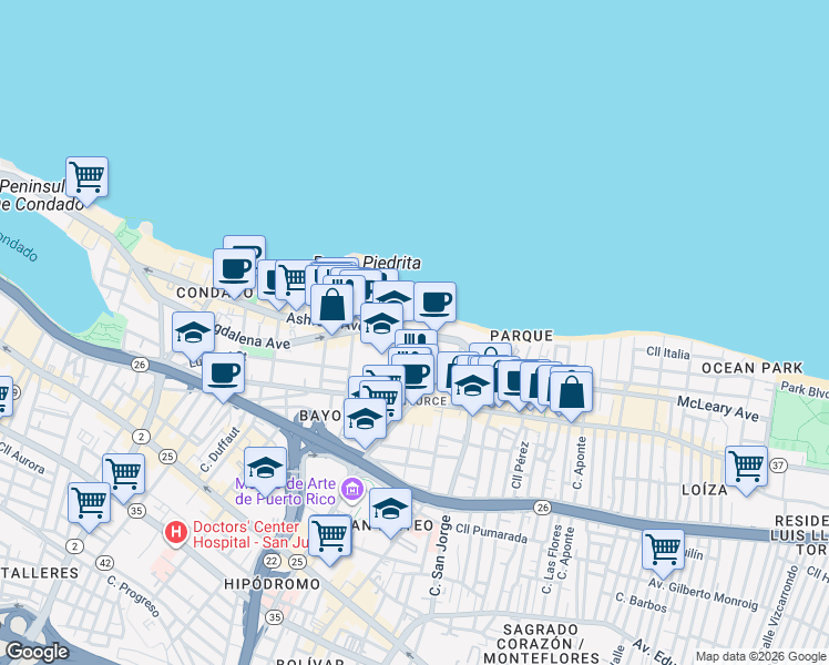 map of restaurants, bars, coffee shops, grocery stores, and more near in San Juan