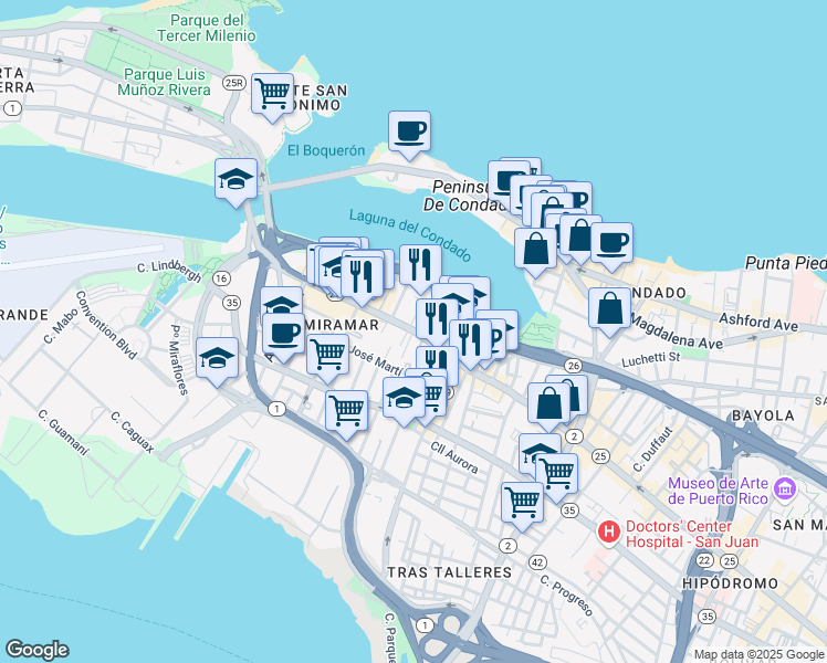 map of restaurants, bars, coffee shops, grocery stores, and more near 605 Calle Aboy in San Juan