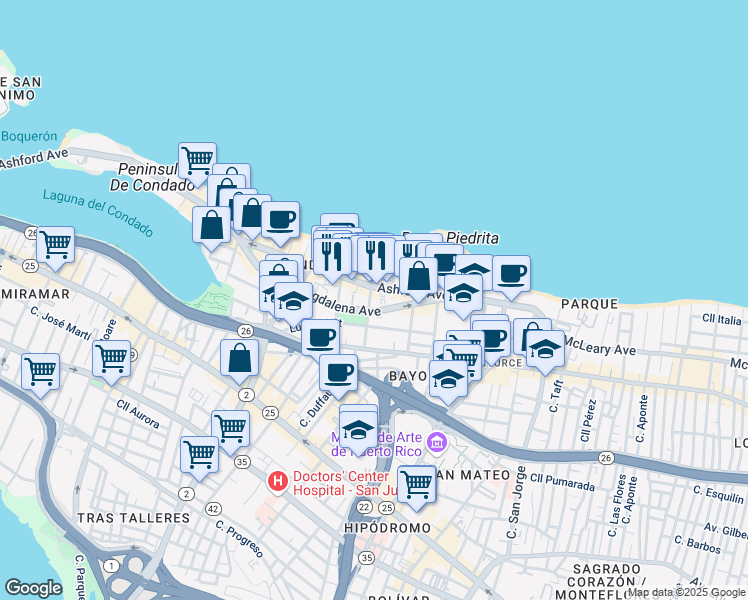 map of restaurants, bars, coffee shops, grocery stores, and more near 55 Calle Cervantes in San Juan