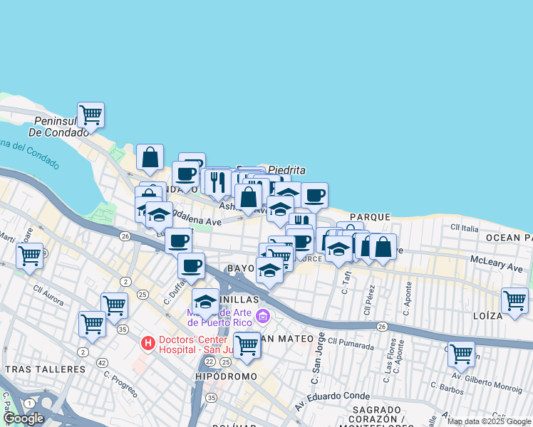 map of restaurants, bars, coffee shops, grocery stores, and more near 57 Calle Washington in San Juan
