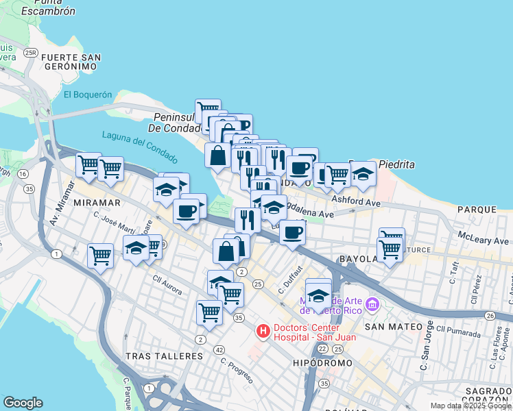 map of restaurants, bars, coffee shops, grocery stores, and more near 63 Calle Luisa in San Juan