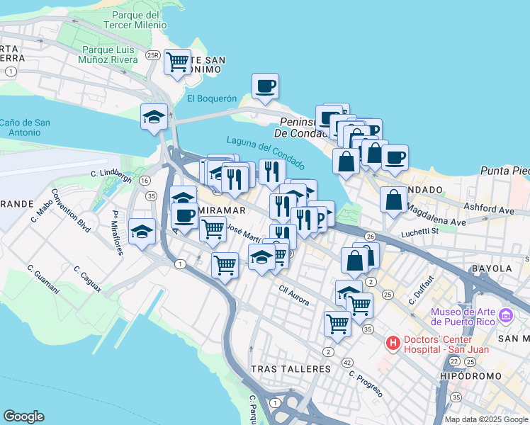map of restaurants, bars, coffee shops, grocery stores, and more near Calle Waymouth in San Juan