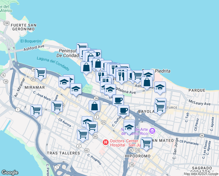 map of restaurants, bars, coffee shops, grocery stores, and more near 62 Calle Santiago Iglesias in San Juan