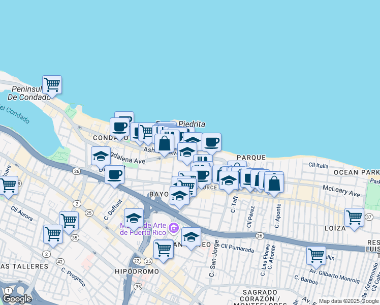 map of restaurants, bars, coffee shops, grocery stores, and more near in San Juan
