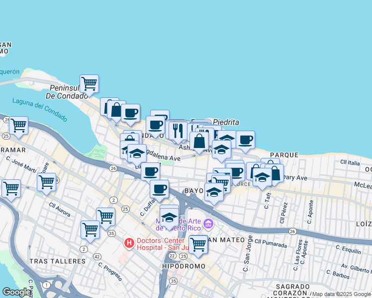 map of restaurants, bars, coffee shops, grocery stores, and more near 1351-1367 Avenida Magdalena in San Juan