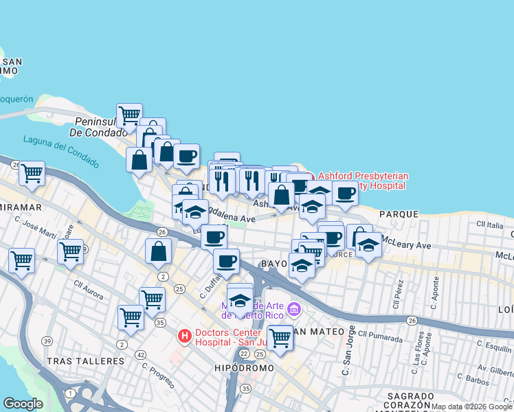 map of restaurants, bars, coffee shops, grocery stores, and more near 55 Calle Cervantes in San Juan