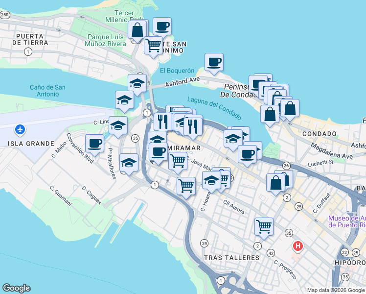 map of restaurants, bars, coffee shops, grocery stores, and more near in San Juan