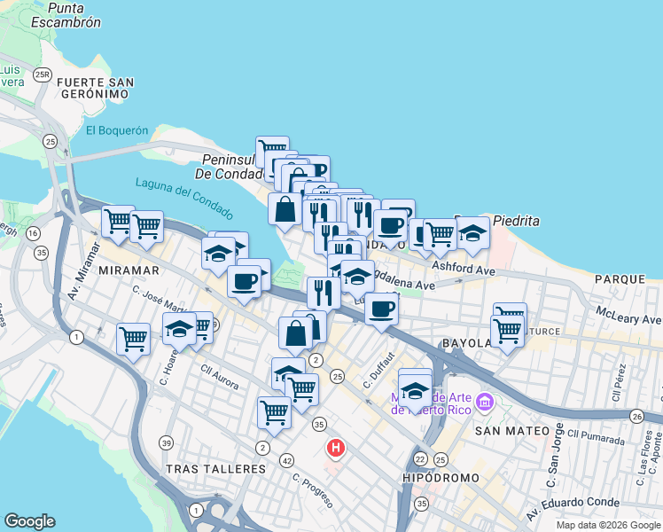 map of restaurants, bars, coffee shops, grocery stores, and more near 63 Calle Luisa in San Juan