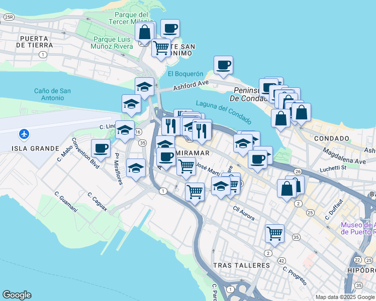 map of restaurants, bars, coffee shops, grocery stores, and more near in San Juan