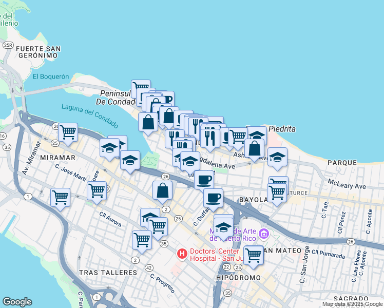 map of restaurants, bars, coffee shops, grocery stores, and more near 62 Calle Santiago Iglesias in San Juan