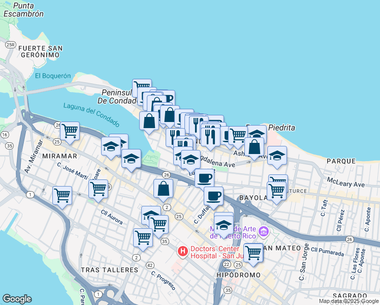 map of restaurants, bars, coffee shops, grocery stores, and more near 62 Calle Santiago Iglesias in San Juan