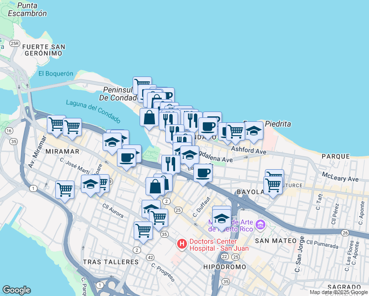 map of restaurants, bars, coffee shops, grocery stores, and more near 63 Calle Luisa in San Juan