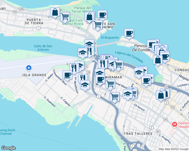 map of restaurants, bars, coffee shops, grocery stores, and more near 604 Calle Elliot Place in San Juan