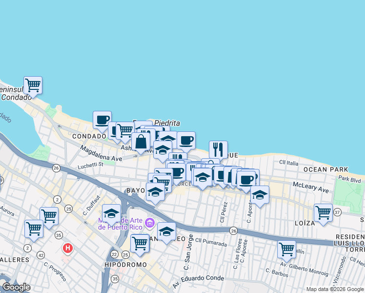 map of restaurants, bars, coffee shops, grocery stores, and more near in San Juan