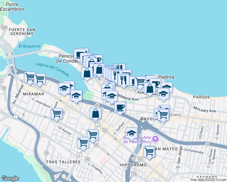 map of restaurants, bars, coffee shops, grocery stores, and more near in San Juan