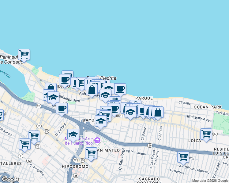 map of restaurants, bars, coffee shops, grocery stores, and more near Calle Nairn in San Juan