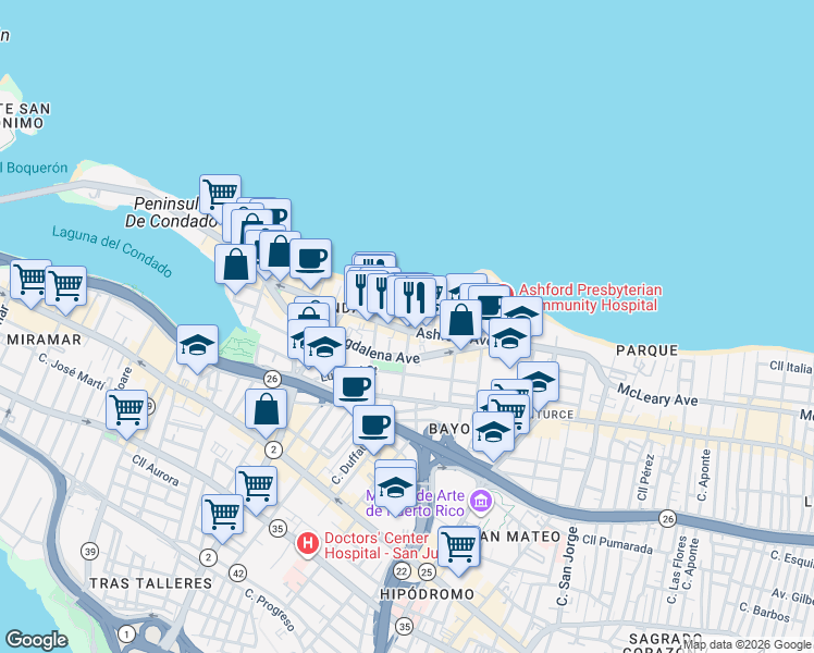map of restaurants, bars, coffee shops, grocery stores, and more near 7 Calle Cervantes in San Juan