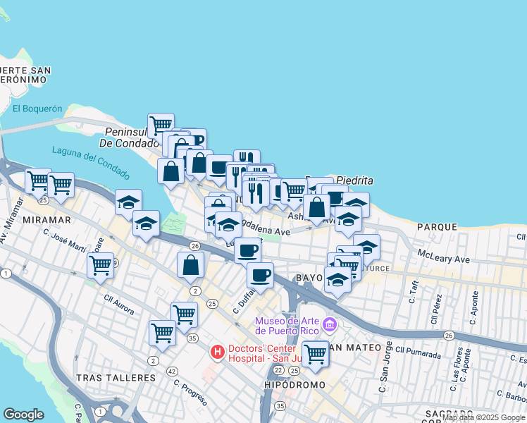map of restaurants, bars, coffee shops, grocery stores, and more near 1309 Ashford Avenue in San Juan