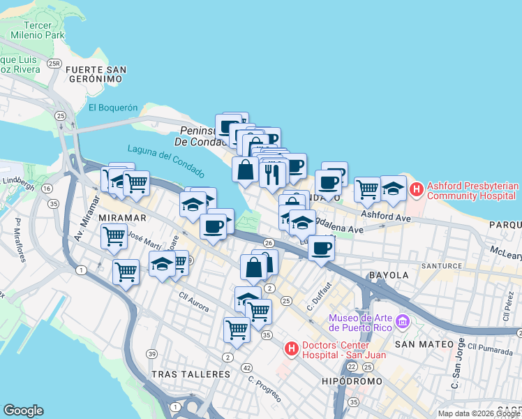 map of restaurants, bars, coffee shops, grocery stores, and more near 65 Calle Delcasse in San Juan