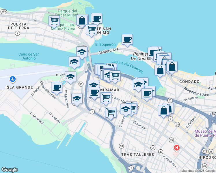 map of restaurants, bars, coffee shops, grocery stores, and more near in San Juan