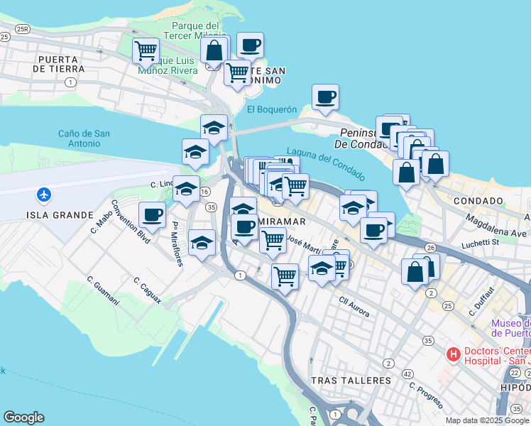 map of restaurants, bars, coffee shops, grocery stores, and more near in San Juan
