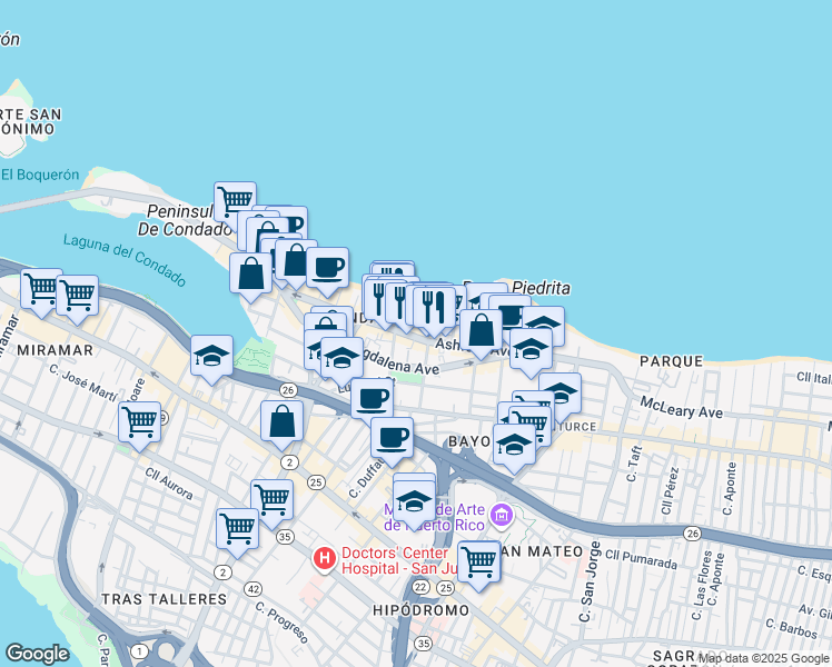 map of restaurants, bars, coffee shops, grocery stores, and more near 7 Calle Cervantes in San Juan