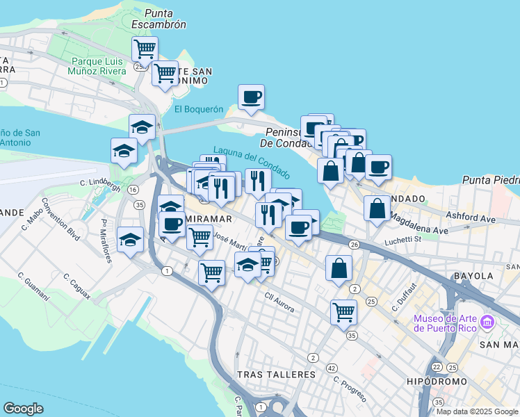 map of restaurants, bars, coffee shops, grocery stores, and more near 551 Calle Waymouth in San Juan